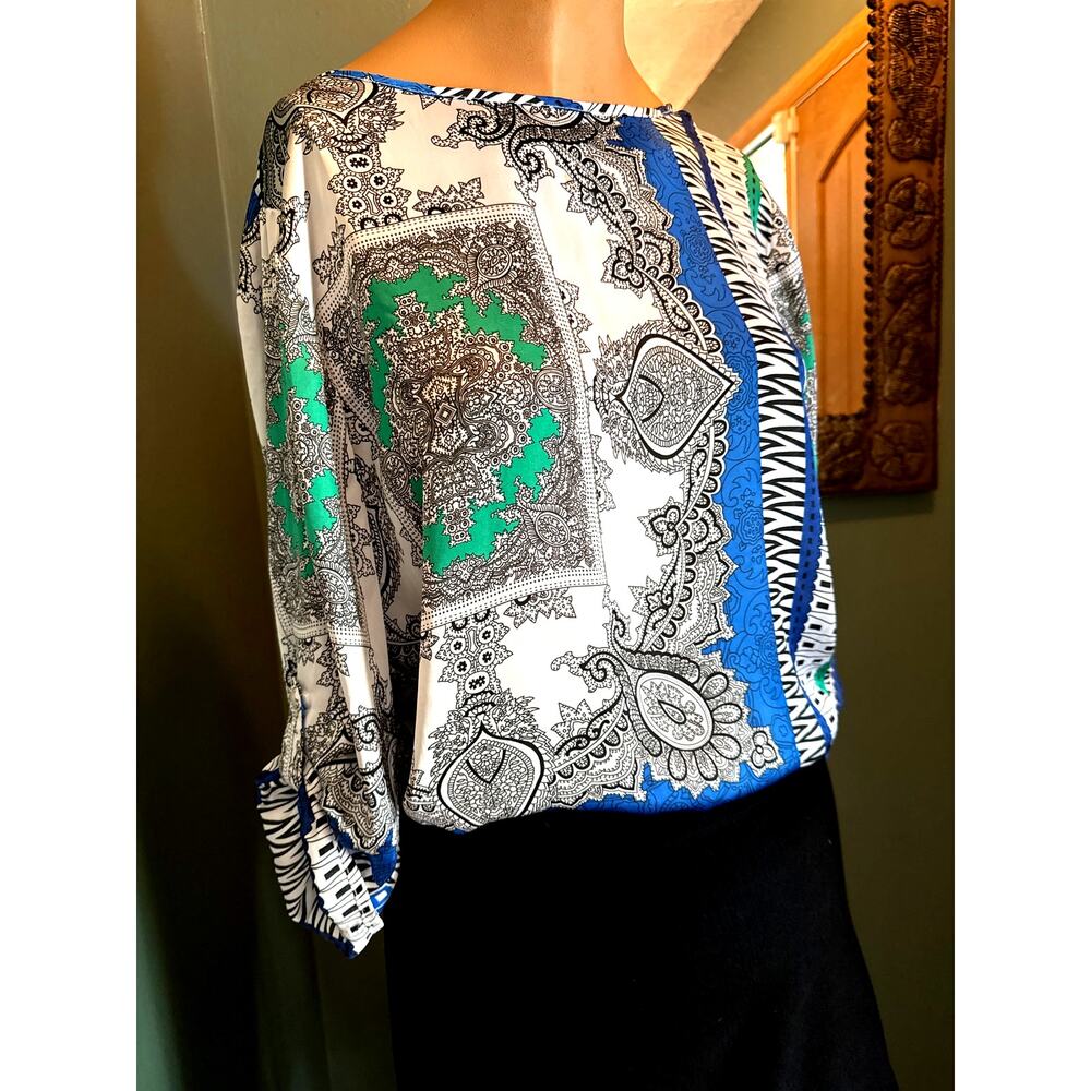 CHICO'S Paisley Silky Tunic Top Size Medium 3/4 Sleeves Blue Black Green